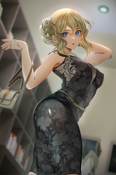 Anime picture 2784x4176 with original nanaken nana single tall image looking at viewer fringe highres short hair breasts open mouth blue eyes light erotic blonde hair hair between eyes standing payot indoors braid (braids) nail polish arm up