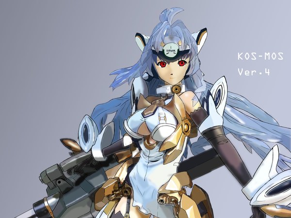 Anime picture 2133x1600 with xenosaga monolith software kos-mos single long hair looking at viewer highres red eyes blue hair girl gloves hair ornament weapon black gloves elbow gloves suit
