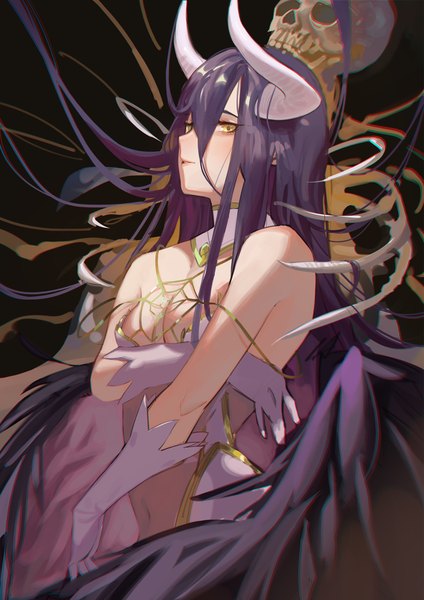 Anime picture 1240x1754 with overlord (maruyama) madhouse albedo (overlord) krin single long hair tall image looking at viewer blush fringe breasts light erotic black hair simple background hair between eyes large breasts standing bare shoulders yellow eyes cleavage