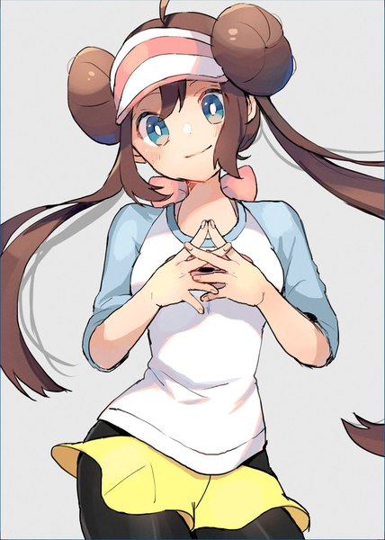 Anime picture 1462x2048 with pokemon pokemon (game) pokemon black and white nintendo rosa (pokemon) ririmon single long hair tall image looking at viewer blush fringe blue eyes simple background hair between eyes brown hair standing twintails ahoge head tilt