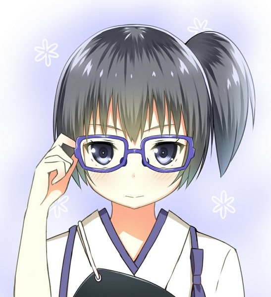 Anime picture 912x1000 with kantai collection kaga aircraft carrier sky-freedom single tall image looking at viewer blush short hair blue eyes black hair ponytail traditional clothes japanese clothes side ponytail portrait adjusting glasses girl glasses