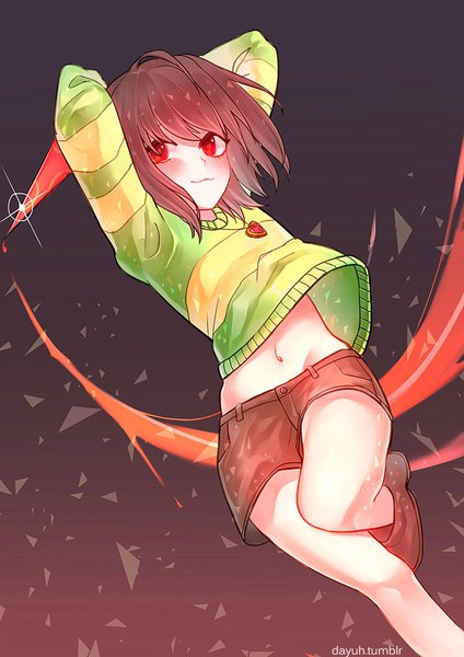 Anime picture 707x1000 with undertale chara (undertale) dayuh single tall image blush fringe red eyes brown hair signed looking away ahoge bare belly sparkle groin arms behind head :3 androgynous spoilers navel
