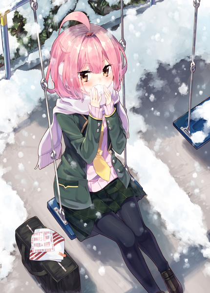 Anime picture 909x1269 with original sakuragi ren single long hair tall image looking at viewer blush fringe sitting pink hair ahoge pleated skirt pink eyes from above snowing winter snow eating exhalation steam