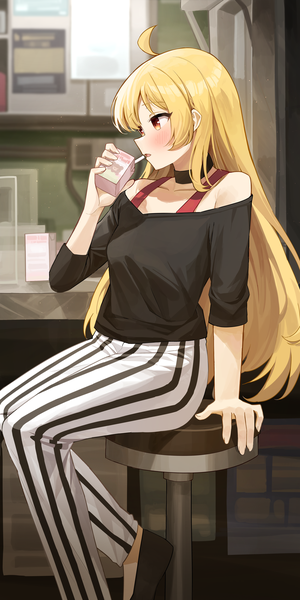 Anime picture 3561x7123 with bocchi the rock! cloverworks ijichi seika hinen single long hair tall image blush highres blonde hair red eyes sitting looking away absurdres ahoge indoors profile striped drinking girl