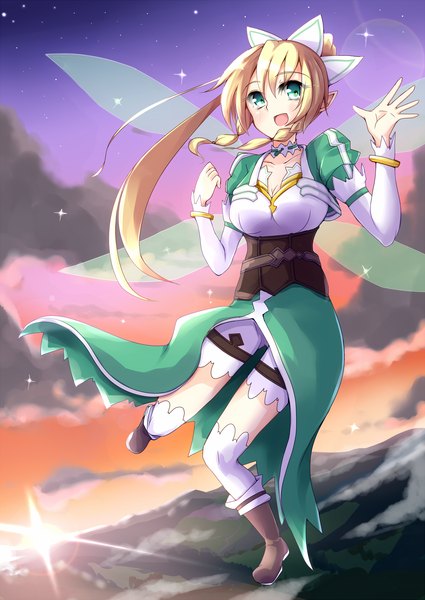 Anime-Bild 1253x1770 mit sword art online a-1 pictures leafa soramuko single long hair tall image blush open mouth blonde hair green eyes cloud (clouds) ponytail elf girl thighhighs dress white thighhighs wings boots