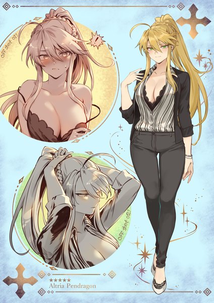 Anime picture 1592x2251 with fate (series) fate/grand order artoria pendragon (all) artoria pendragon (lancer) mashuu (neko no oyashiro) long hair tall image looking at viewer blush fringe breasts light erotic simple background blonde hair smile hair between eyes large breasts green eyes payot cleavage