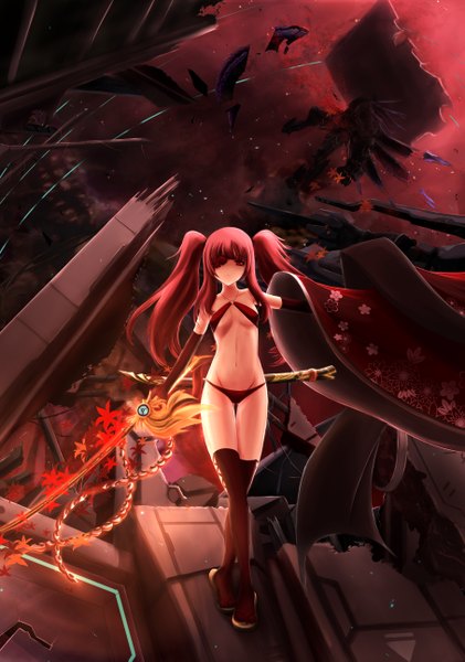 Anime picture 3631x5172 with phantasy star phantasy star online 2 sega phoenix 2010 long hair tall image looking at viewer highres light erotic red eyes twintails absurdres red hair destruction girl thighhighs navel underwear panties weapon