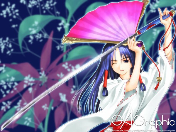 Anime picture 1024x768 with gagraphic koyama hirokazu blue hair japanese clothes one eye closed wink wallpaper miko girl sword fan