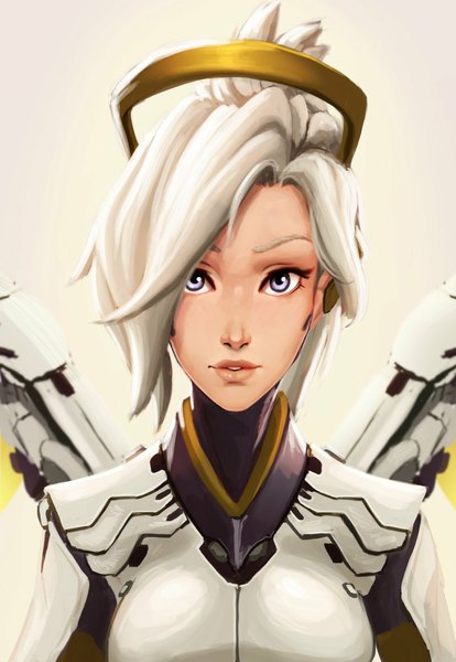 Anime picture 800x1158 with overwatch blizzard entertainment mercy (overwatch) carlos eduardo single tall image looking at viewer short hair simple background purple eyes white hair lips mechanical wings girl wings mechanical halo