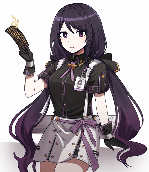 Anime picture 1788x2063 with black survival eternal return: black survival hyejin (black survival) lix single long hair tall image looking at viewer fringe highres open mouth simple background white background sitting purple eyes twintails holding purple hair braid (braids) multicolored hair