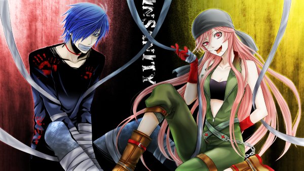 Anime picture 1200x675 with vocaloid kaito (vocaloid) miki (vocaloid) wool (kurokrkr) long hair short hair open mouth blue eyes red eyes wide image blue hair pink hair bondage girl boy bandage (bandages) jumpsuit