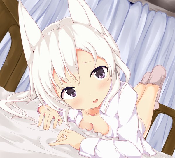 Anime picture 2000x1800 with original numatoohu single long hair looking at viewer blush fringe highres open mouth light erotic purple eyes animal ears white hair indoors lying head tilt open shirt fox ears fox girl on stomach