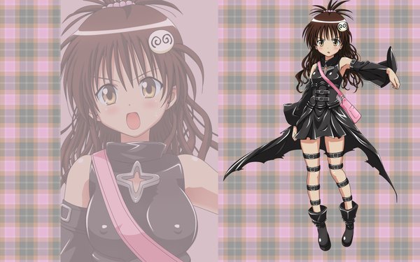 Anime picture 1920x1200 with toloveru xebec yuuki mikan toshi5765 single long hair blush highres open mouth brown hair wide image standing bare shoulders yellow eyes zoom layer latex girl hair ornament detached sleeves miniskirt