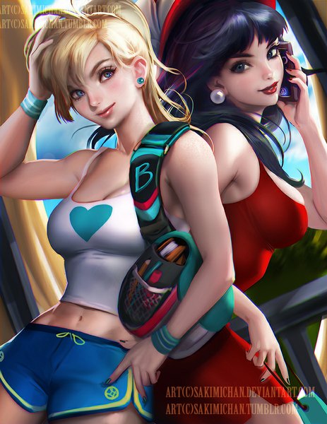 Anime picture 695x900 with archie comics betty cooper veronica lodge sakimichan long hair tall image looking at viewer fringe breasts blue eyes blonde hair large breasts bare shoulders multiple girls purple hair ponytail nail polish parted lips light smile lips