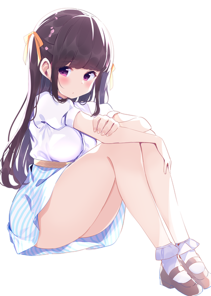 Anime picture 900x1259 with original chikuwa. single long hair tall image looking at viewer blush fringe light erotic simple background brown hair white background sitting purple eyes payot bent knee (knees) blunt bangs bare legs short sleeves thighs