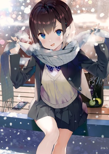 Anime picture 2493x3525 with melonbooks gaou (umaiyo puyoman) single tall image looking at viewer blush fringe highres short hair open mouth blue eyes smile hair between eyes brown hair holding signed payot outdoors :d pleated skirt