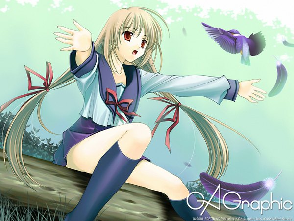 Anime picture 1280x960 with gagraphic naruse hirofumi single long hair fringe open mouth blonde hair red eyes sitting twintails looking away sky ahoge bent knee (knees) copyright name spread arms girl uniform bow plant (plants)