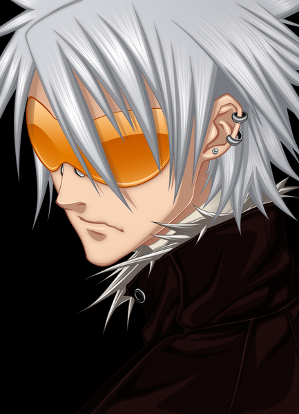 Anime picture 2250x3114 with dogs: bullets & carnage david production haine rammsteiner juno-glare single tall image highres short hair silver hair piercing coloring black background portrait face boy earrings glasses fur