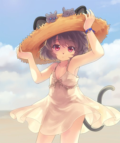 Anime picture 723x860 with touhou nazrin iris anemone tall image looking at viewer short hair light erotic standing bare shoulders animal ears sky cloud (clouds) tail animal tail pink eyes grey hair cat ears bare legs cat girl cat tail