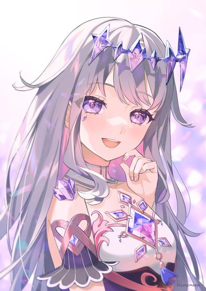 Anime picture 1414x2000 with virtual youtuber hololive hololive english koseki bijou koseki bijou (1st costume) kimopoleis single long hair tall image looking at viewer open mouth purple eyes signed silver hair upper body :d girl