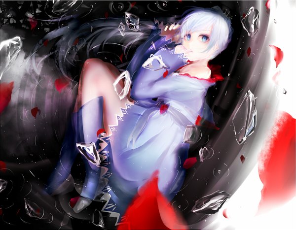 Anime picture 1356x1057 with rwby rooster teeth weiss schnee ted (taiwan) single long hair looking at viewer blush open mouth blue eyes bare shoulders white hair ponytail on side girl dress hair ornament petals water boots