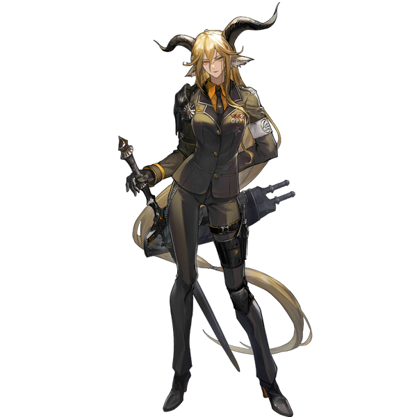 Anime picture 1024x1024 with arknights degenbrecher (arknights) ryuuzaki ichi single looking at viewer fringe blonde hair hair between eyes standing animal ears yellow eyes full body very long hair horn (horns) official art transparent background arm behind back girl gloves uniform