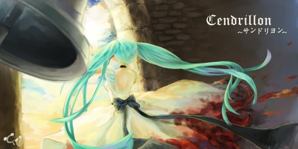 Anime picture 5000x2500 with vocaloid cendrillon (vocaloid) hatsune miku yu (dryads) single highres wide image twintails absurdres very long hair aqua hair girl dress bow blood bell