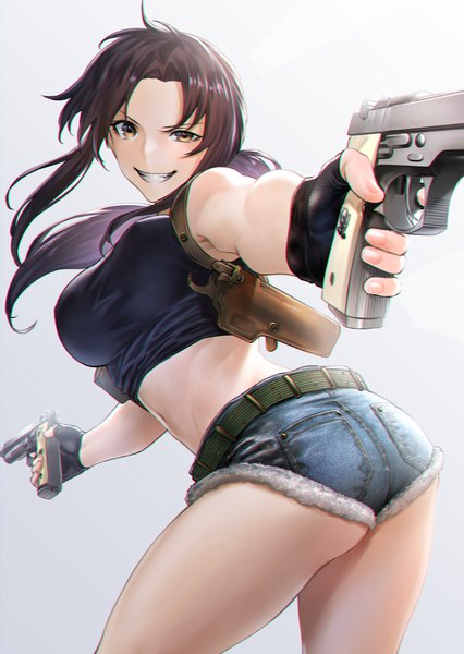Anime picture 1333x1879 with black lagoon madhouse revy (black lagoon) mugetsu2501 single long hair tall image looking at viewer fringe breasts simple background smile brown hair large breasts holding yellow eyes payot ass ponytail blurry