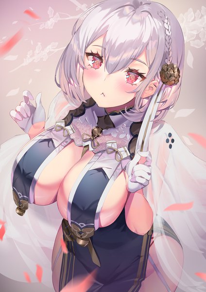 Anime picture 566x800 with azur lane sirius (azur lane) sirius (azure horizons) (azur lane) yoshimoto (dear life) single tall image blush fringe short hair breasts light erotic hair between eyes red eyes large breasts silver hair braid (braids) from above :< girl gloves