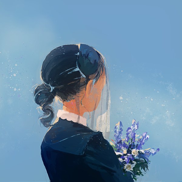 Anime picture 1725x1725 with original rakoshirako single highres short hair simple background holding blue hair upper body from behind blue background low ponytail transparent no face girl flower (flowers) bouquet veil