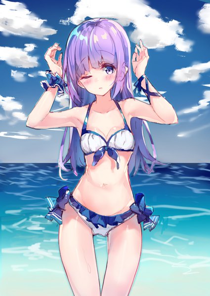 Anime picture 1254x1771 with aikatsu! hikami sumire makiss012 ak single long hair tall image looking at viewer blush light erotic standing purple eyes purple hair cloud (clouds) one eye closed thigh gap girl ribbon (ribbons) swimsuit bikini sea