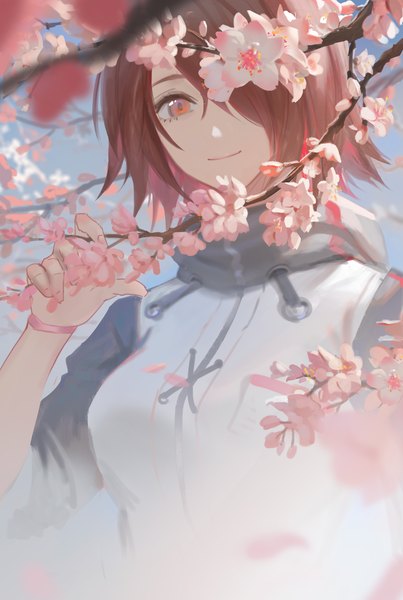 Anime picture 2355x3508 with arknights exusiai (arknights) youyi (jiam009) single tall image looking at viewer fringe highres short hair upper body red hair one eye closed light smile hair over one eye orange eyes cherry blossoms twisty sleeves girl flower (flowers) hood