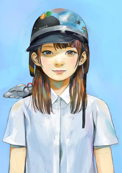 Anime-Bild 2827x4000 mit original zashiki warashi (artist) single long hair tall image looking at viewer blush fringe highres simple background brown hair brown eyes signed payot upper body short sleeves portrait blue background star print mechanical