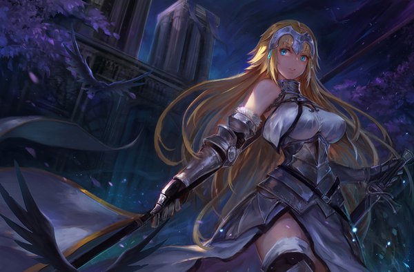 Anime picture 1850x1216 with fate (series) fate/grand order fate/apocrypha jeanne d'arc (fate) (all) jeanne d'arc (fate) wuguiex single long hair fringe highres breasts blue eyes blonde hair standing bare shoulders holding payot looking away outdoors parted lips