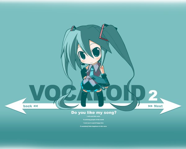 Anime picture 1280x1024 with vocaloid hatsune miku twintails very long hair green hair zettai ryouiki chibi girl thighhighs detached sleeves necktie vest