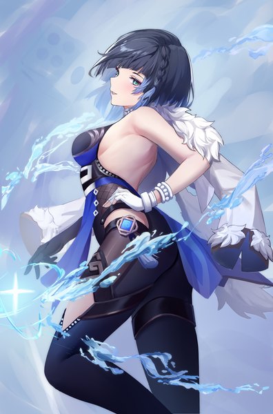 Anime picture 2700x4093 with genshin impact yelan (genshin impact) moonct single tall image looking at viewer fringe highres short hair light erotic black hair green eyes profile hand on hip clothes on shoulders girl gloves water white gloves fingerless gloves