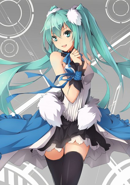 イラスト 780x1103 と セブンスドラゴン セブンスドラゴン2020 ボーカロイド 初音ミク ello-chan ソロ 長髪 長身像 開いた口 ツインテール 肩出し aqua eyes aqua hair 女の子 ストッキング リボン 黒ストッキング