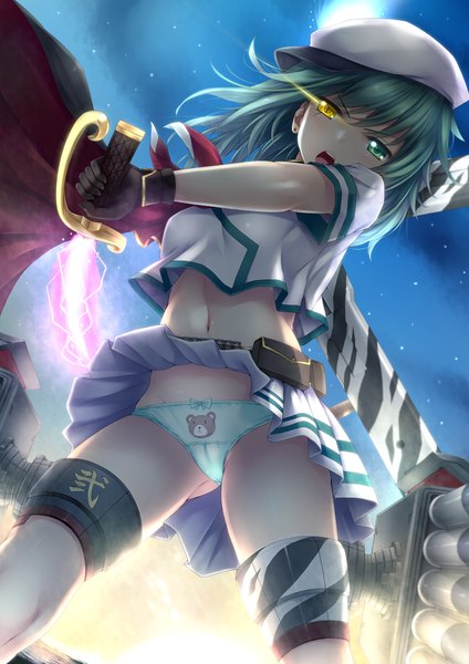 Anime picture 930x1316 with kantai collection kiso light cruiser rayn single tall image looking at viewer short hair open mouth light erotic blue hair from below heterochromia skirt lift girl skirt navel underwear panties weapon sword