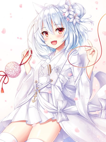 Anime picture 1100x1477 with azur lane yukikaze (azur lane) yukikaze (spring's warmth) (azur lane) akashio (loli ace) single long hair tall image looking at viewer blush fringe open mouth simple background smile hair between eyes red eyes standing holding animal ears silver hair traditional clothes