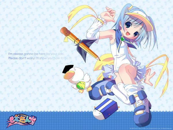 Anime picture 1024x768 with moetan ah-kun pastel ink pop single looking at viewer blush short hair open mouth blue hair two side up wallpaper girl hat detached sleeves animal child (children) pencil eraser