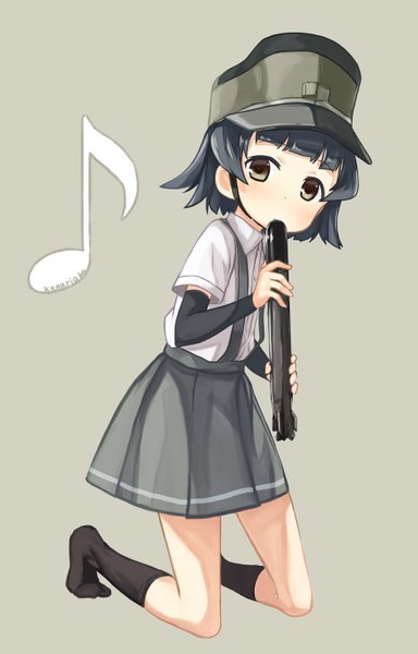 Anime picture 880x1375 with kantai collection arare destroyer arare (kantai collection) abe kanari single tall image looking at viewer blush short hair black hair simple background brown eyes no shoes kneeling playing instrument girl dress shirt socks black socks