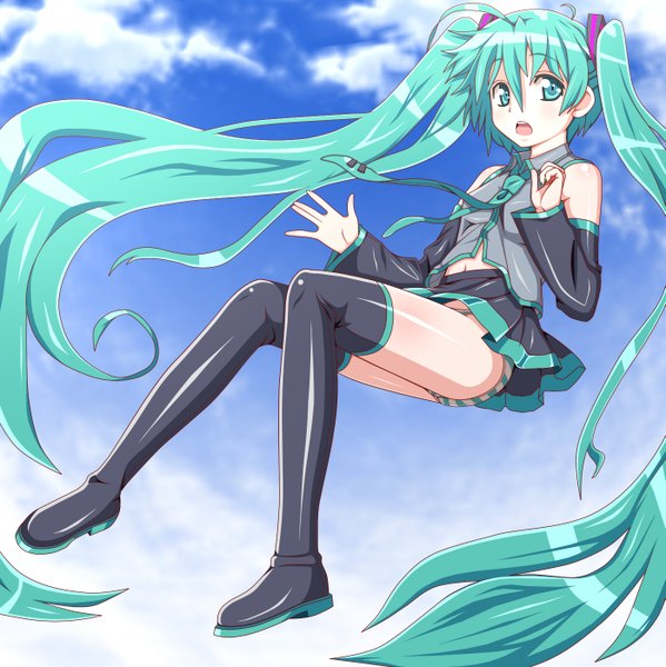 Anime picture 1397x1400 with vocaloid hatsune miku j (shining-next) single tall image open mouth light erotic twintails cloud (clouds) very long hair aqua eyes aqua hair girl skirt underwear panties detached sleeves miniskirt necktie thigh boots