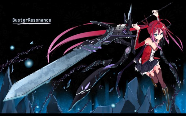 Anime picture 1440x900 with original kami yuuyako single long hair looking at viewer blush wide image twintails bare shoulders red hair very long hair black background girl thighhighs skirt ribbon (ribbons) weapon hair ribbon sword boots