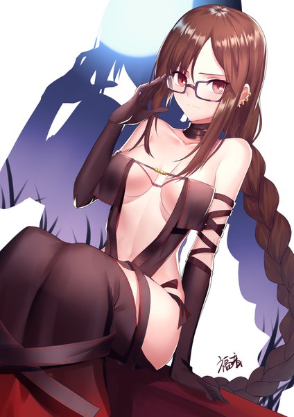Anime picture 1300x1838 with fate (series) fate/grand order yu mei-ren (fate) gogatsu fukuin single tall image looking at viewer blush fringe breasts light erotic simple background red eyes brown hair large breasts sitting bare shoulders signed payot braid (braids)