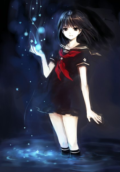 Anime picture 600x855 with fuyu no mori (artbook) tearfish single tall image looking at viewer highres brown hair standing holding wind black eyes scan night mole mole under eye partially submerged pale skin girl uniform flower (flowers)