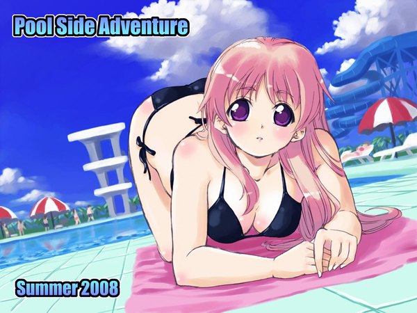 Anime picture 1024x768 with original tessai long hair breasts light erotic purple eyes pink hair sky cloud (clouds) text english poolside swimsuit bikini black bikini side-tie bikini towel pool