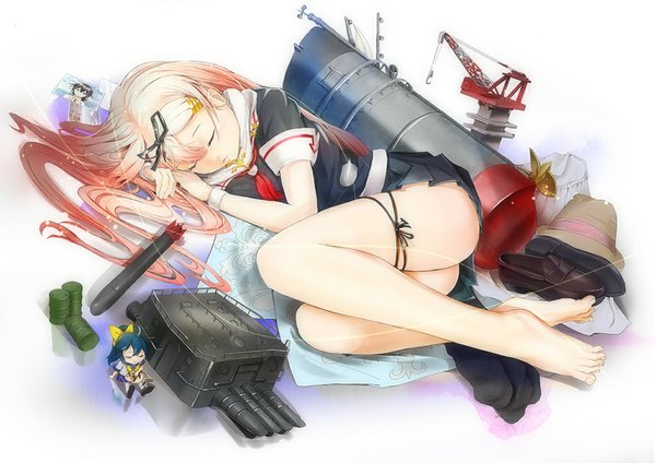 Anime picture 1024x724 with kantai collection yuudachi destroyer sau long hair light erotic sitting blue hair pink hair ass lying eyes closed pleated skirt barefoot sleeping remodel (kantai collection) girl skirt uniform bow hair bow