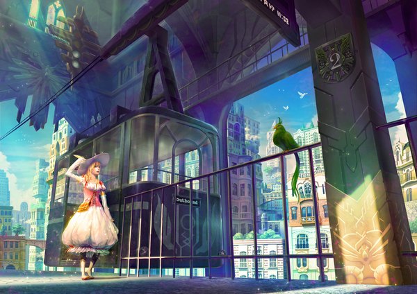Anime picture 1000x707 with original kaitan long hair fringe open mouth blonde hair red eyes standing bare shoulders holding looking away tail long sleeves sunlight shadow city cityscape sunbeam girl dress