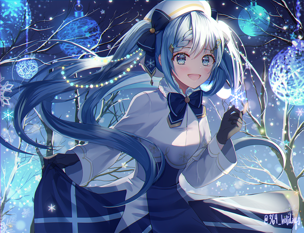 Anime picture 1200x918 with vocaloid hatsune miku yuki miku yuki miku (2021) 364 holidays single looking at viewer blush open mouth blue eyes twintails signed blue hair very long hair :d twitter username bare tree girl gloves plant (plants)