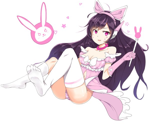 Anime picture 3477x2952 with overwatch blizzard entertainment d.va (overwatch) c3yooooo single long hair looking at viewer highres open mouth light erotic black hair white background bare shoulders holding absurdres full body bent knee (knees) pink eyes alternate costume no shoes